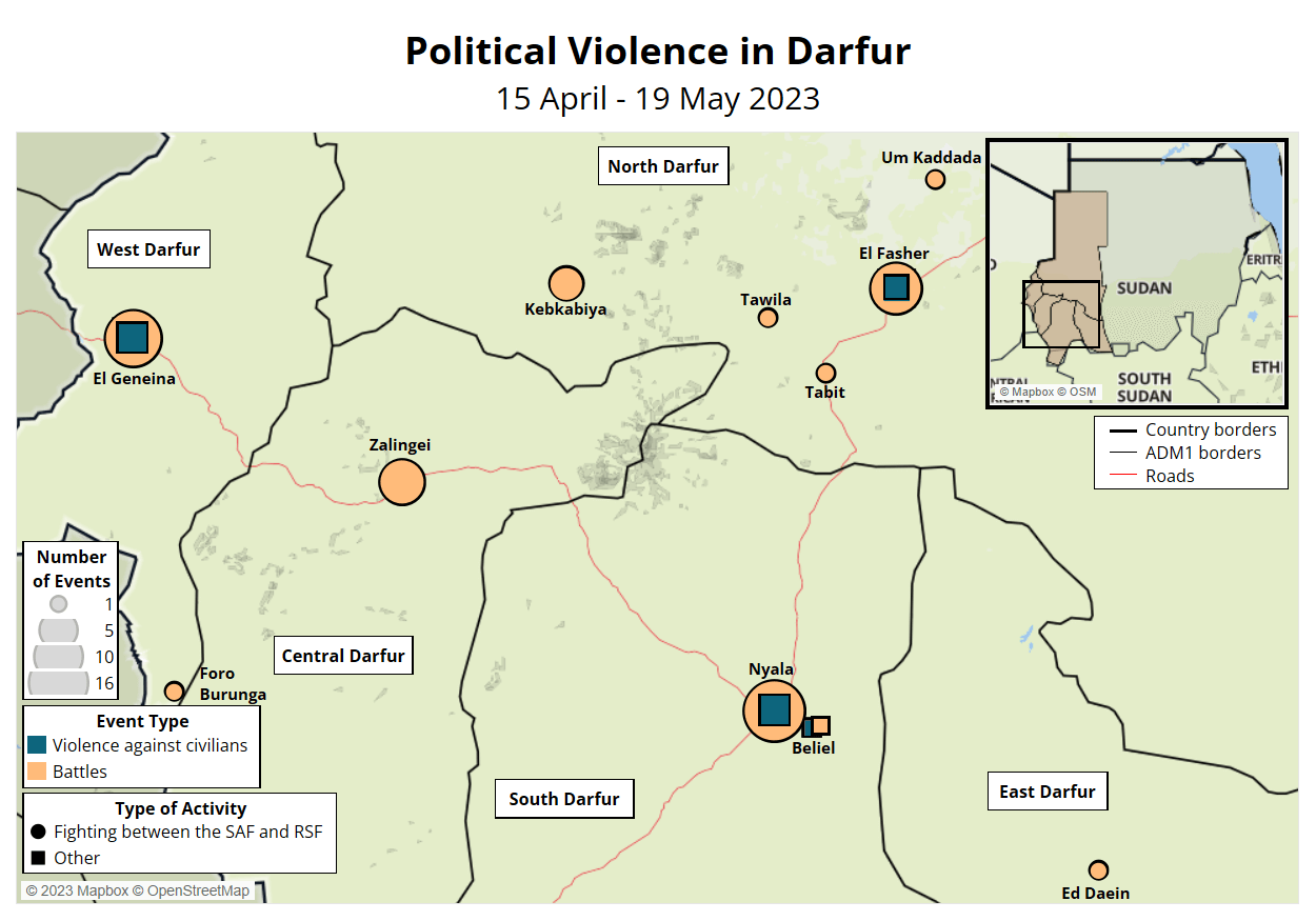 Map - Political Violence in Darfur 15 April - 19 May 2023