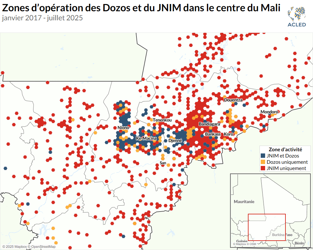 Zones d'op&eacute;ration des Dozos et du JNIM dans le centre du Mali janvier 2017 - juillet 2025