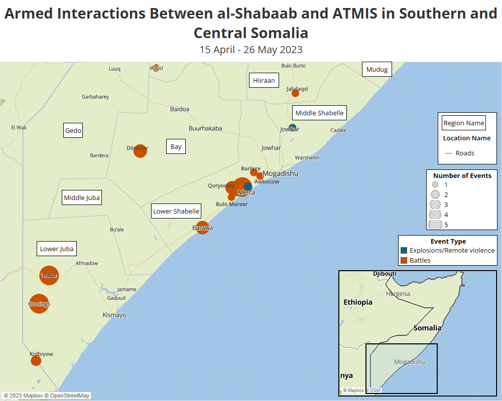 Map - Armed Interactions Between al-Shabaab and ATMIS in Southern and Central Somalia El Wak 15 April - 26 May 2023