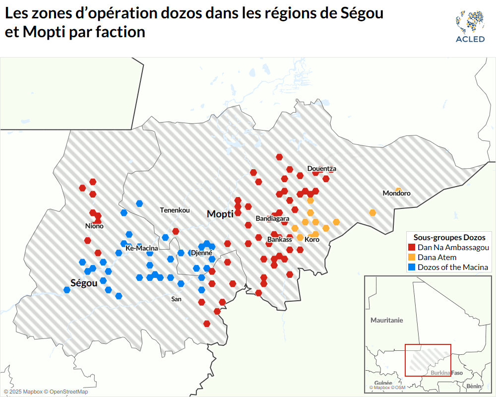 Les zones d'op&eacute;ration dozos dans les r&eacute;gions de S&eacute;gou et Mopti par faction