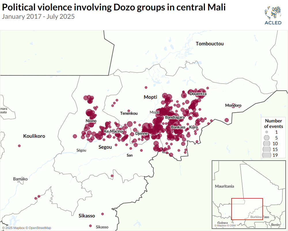 Map - Political violence involving Dozo groups in central Mali January 2017 - July 2025