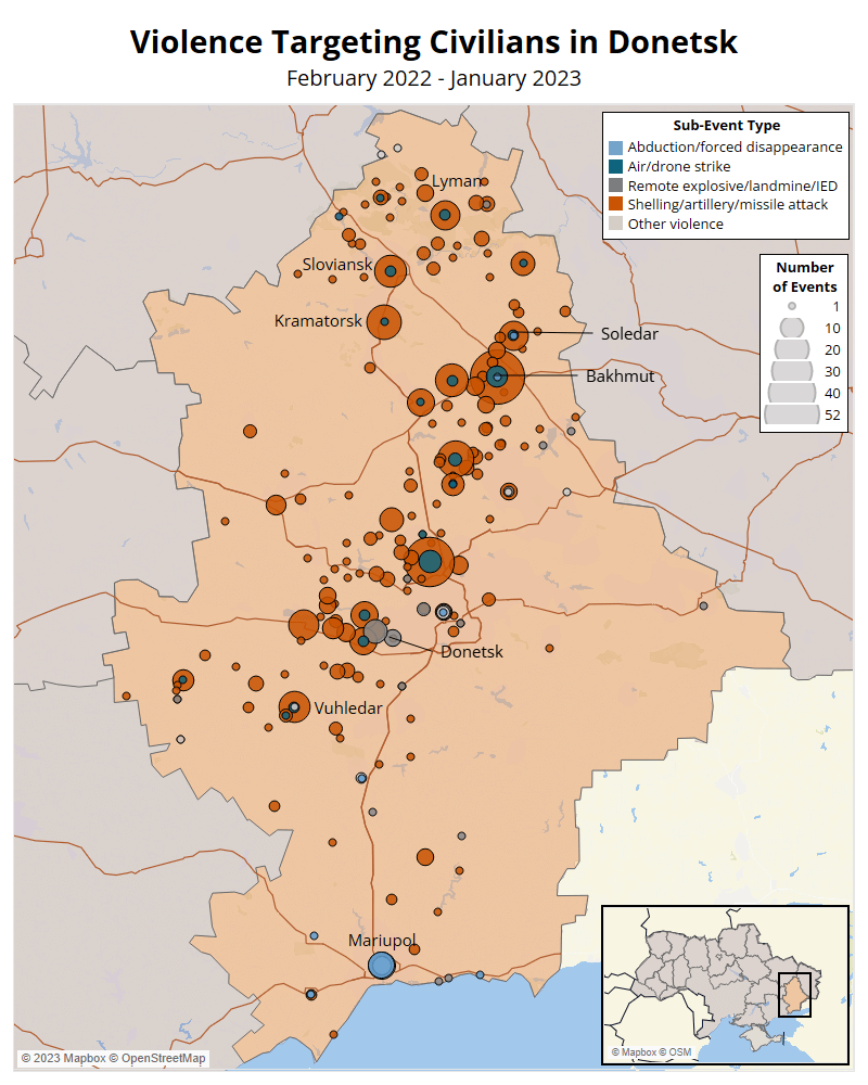 Map - Violence Targeting Civilians in Donetsk February 2022 - January 2023