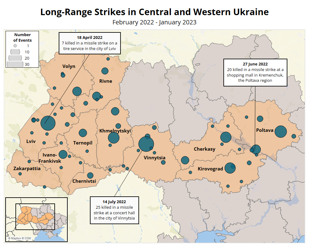 Map - Long-Range Strikes in Central and Western Ukraine February 2022 - January 2023