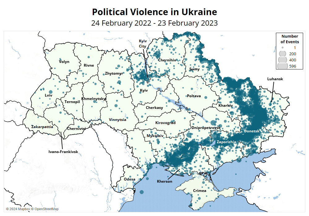 Map - Political Violence in Ukraine 24 February 2022 - 23 February 2023
