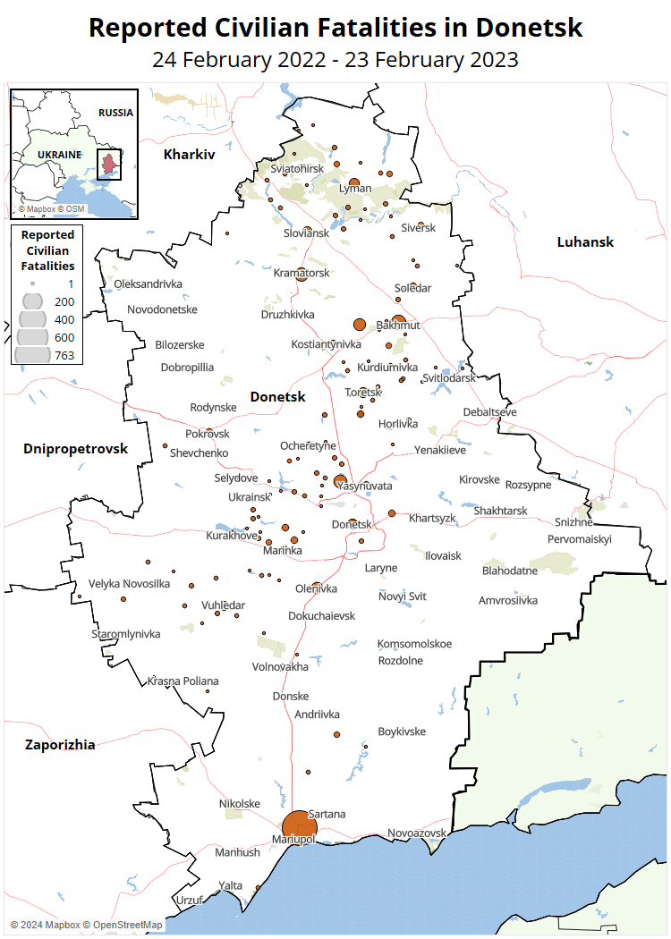 Map - Reported Civilian Fatalities in Donetsk 24 February 2022 - 23 February 2023