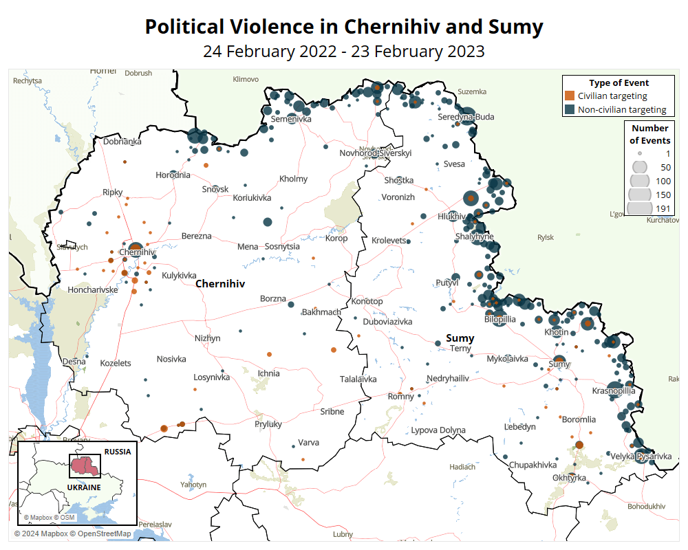 Map  - Political Violence in Chernihiv and Sumy 24 February 2022 - 23 February 2023 