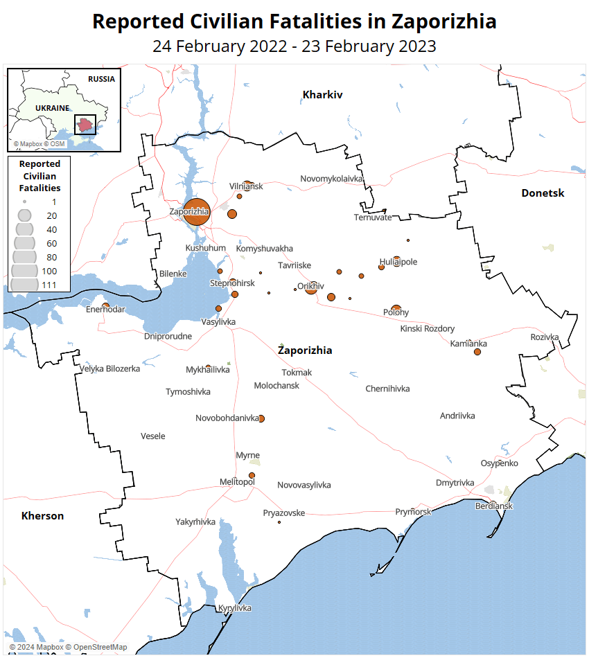 Map - Reported Civilian Fatalities in Zaporizhia 24 February 2022 - 23 February 2023