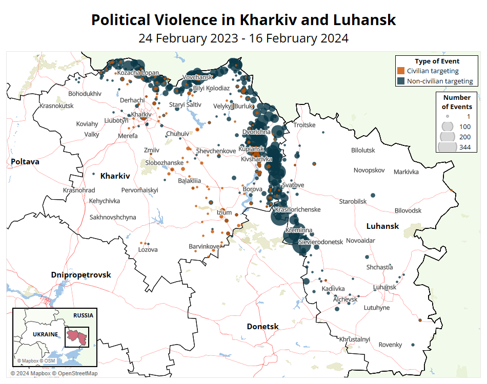Map Political Violence in Kharkiv and Luhansk 24 February 2023 - 16 February 2024 