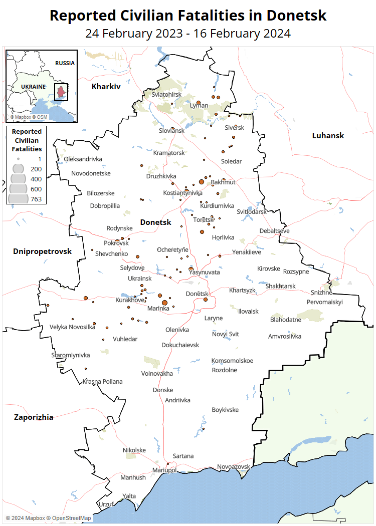 Map - Reported Civilian Fatalities in Donetsk 24 February 2023 - 16 February 2024