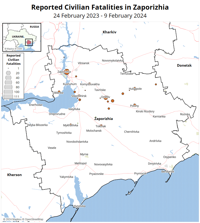 Map - Reported Civilian Fatalities in Zaporizhia 24 February 2023 - 9 February 2024