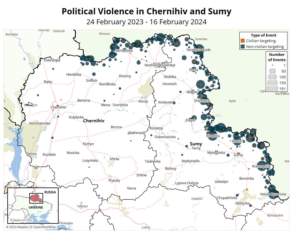 Map - Political Violence in Chernihiv and Sumy 24 February 2023 - 16 February 2024