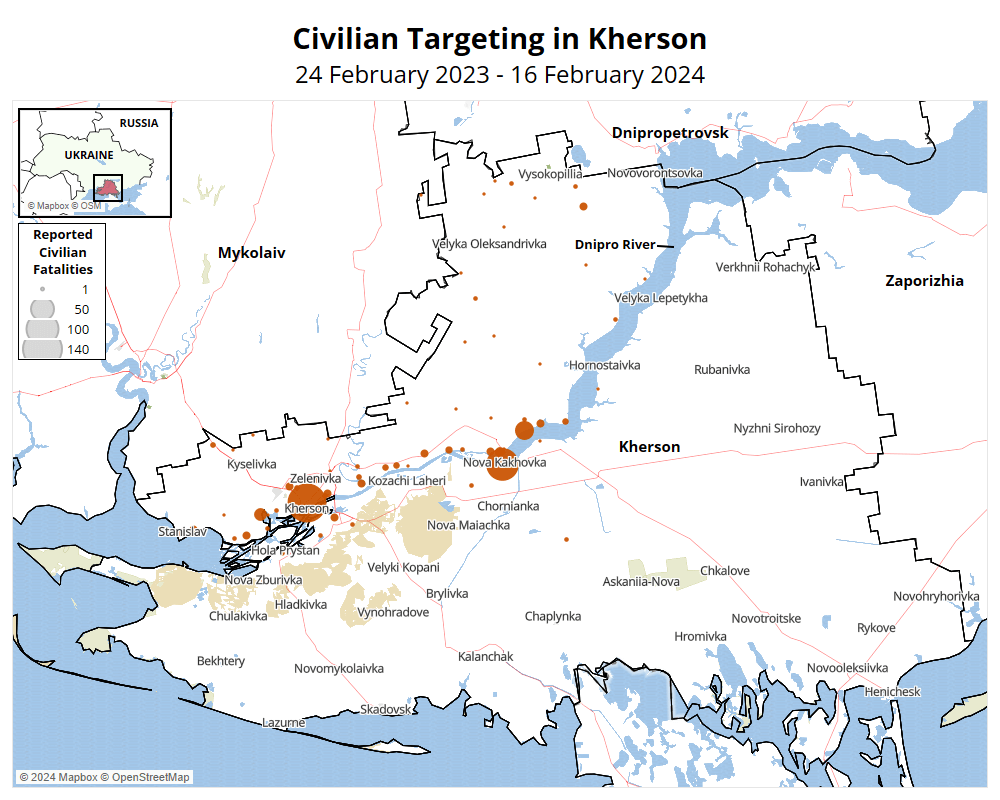 Map - Civilian Targeting in Kherson 24 February 2023 - 16 February 2024