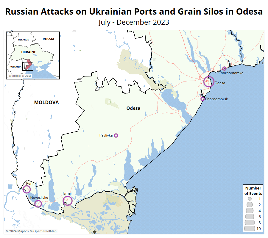 Russian Attacks on Ukrainian Ports and Grain Silos in Odesa July - December 2023