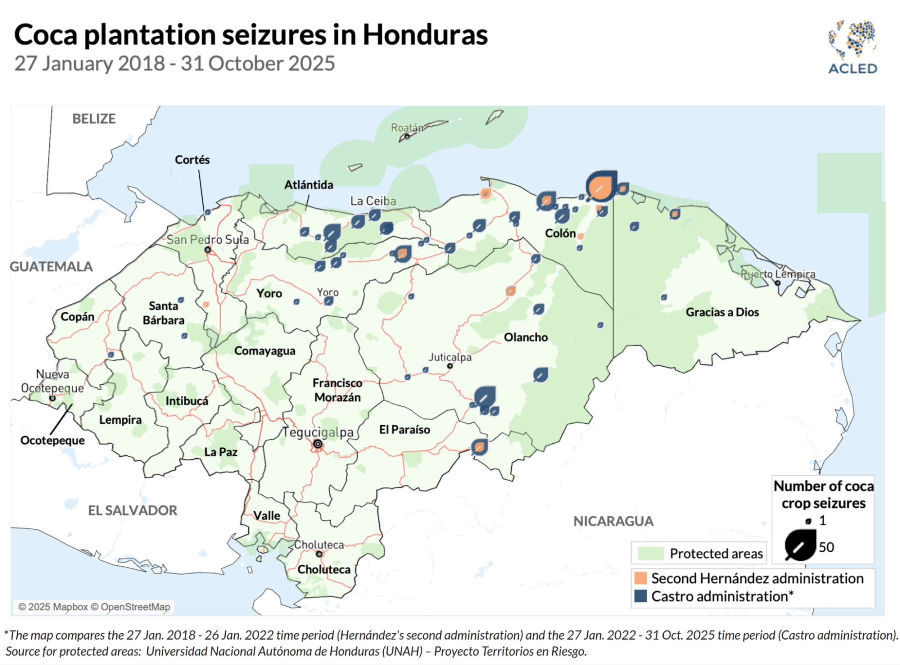 Map - Coca plantation seizures in Honduras 27 January 2018 - 31 October 2025