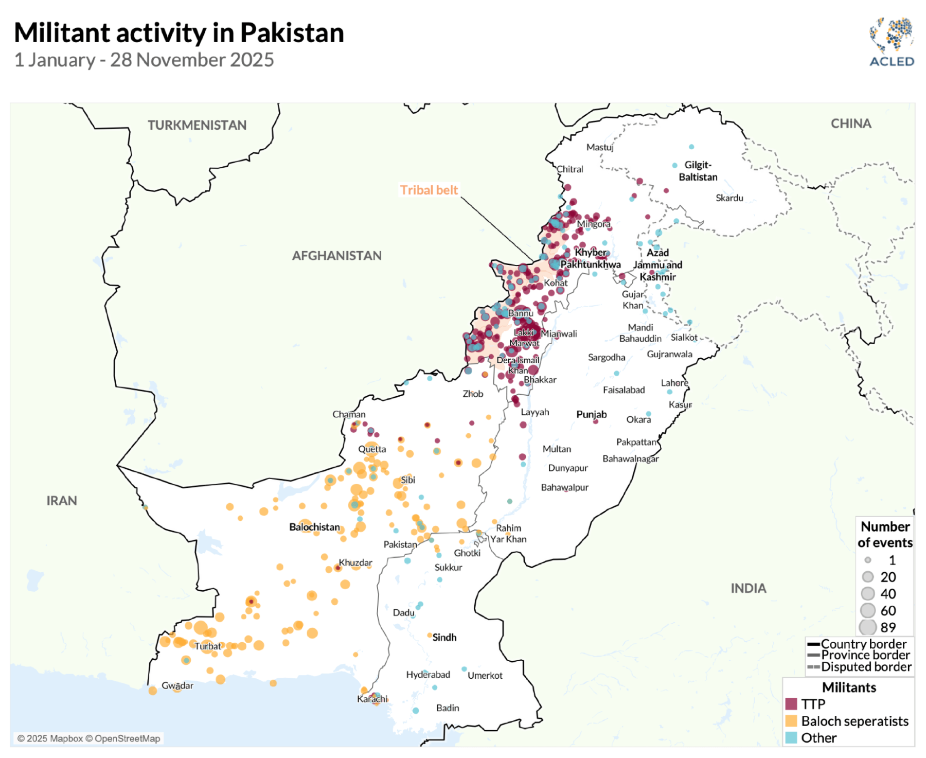 Map - Militant activity in Pakistan 1 January - 28 November 2025