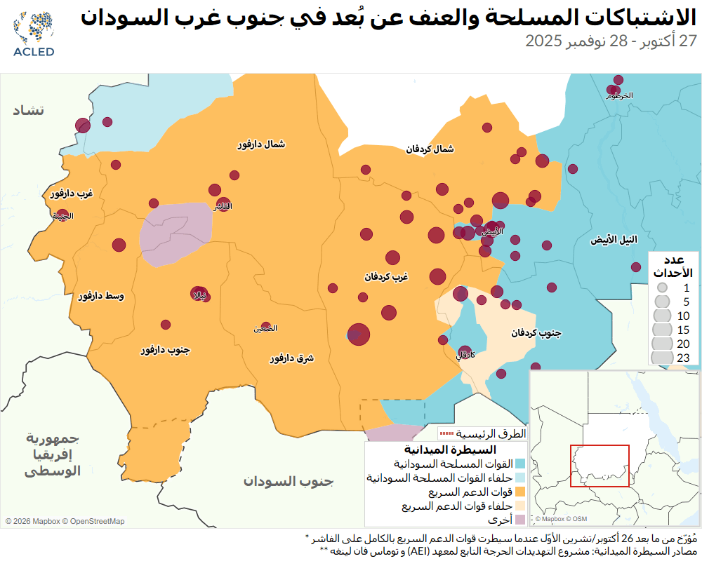 Map - Arabic - Armed clashs and remote violence in southwestern Sudan