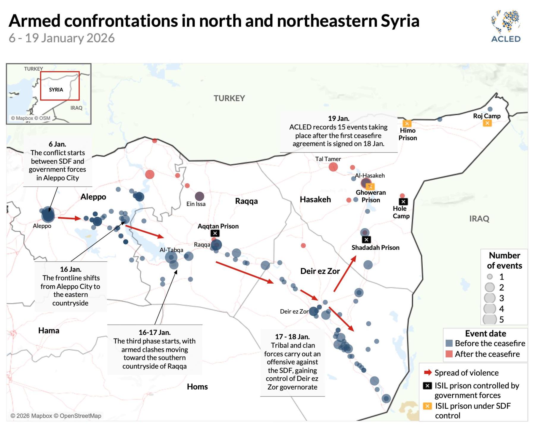 Map showing armed confrontations in north and northeastern Syria, 6-19 January 2026