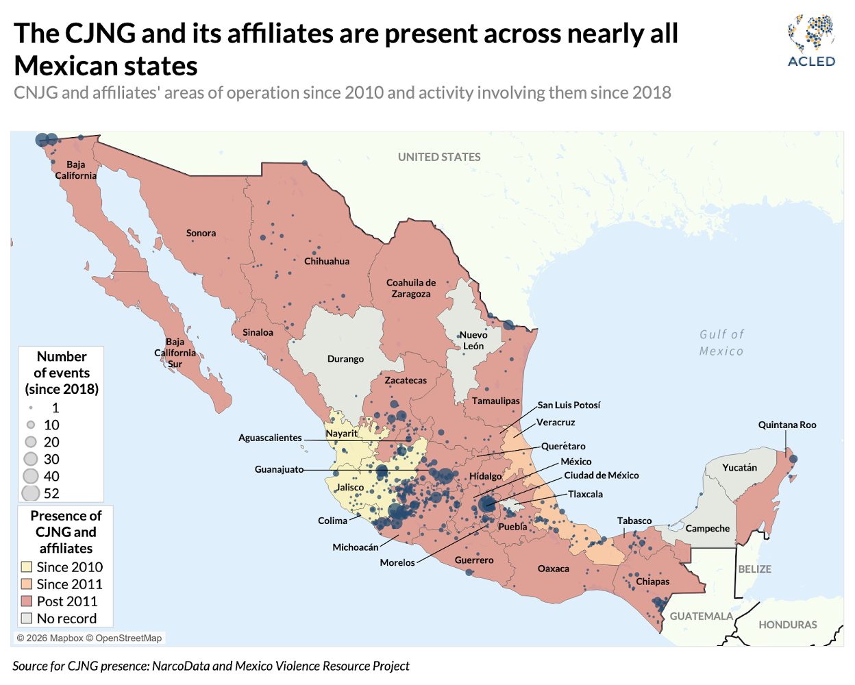 Map of Mexico depicting where the CJNG and it's affiliates are present