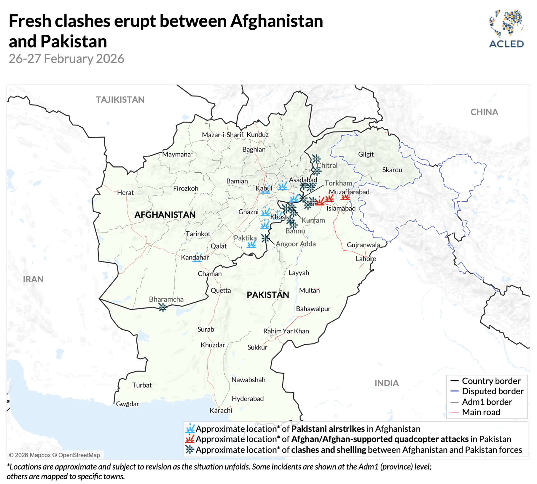 Map showing clashes between afghanistan and pakistan - 26-27 february 2026