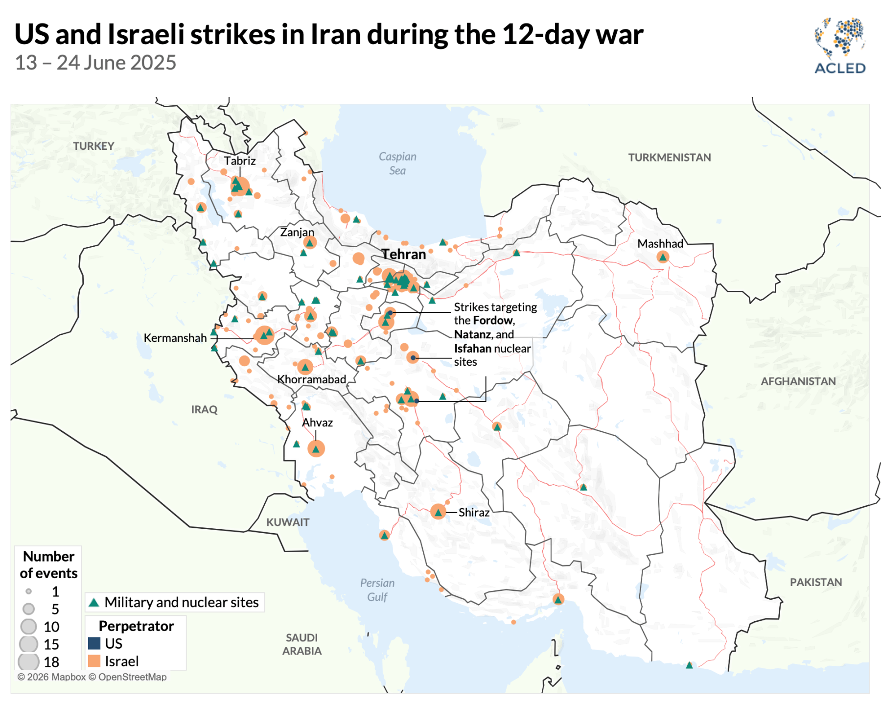 Map of US and Israeli strikes in Iran during the 12-day war in 2025