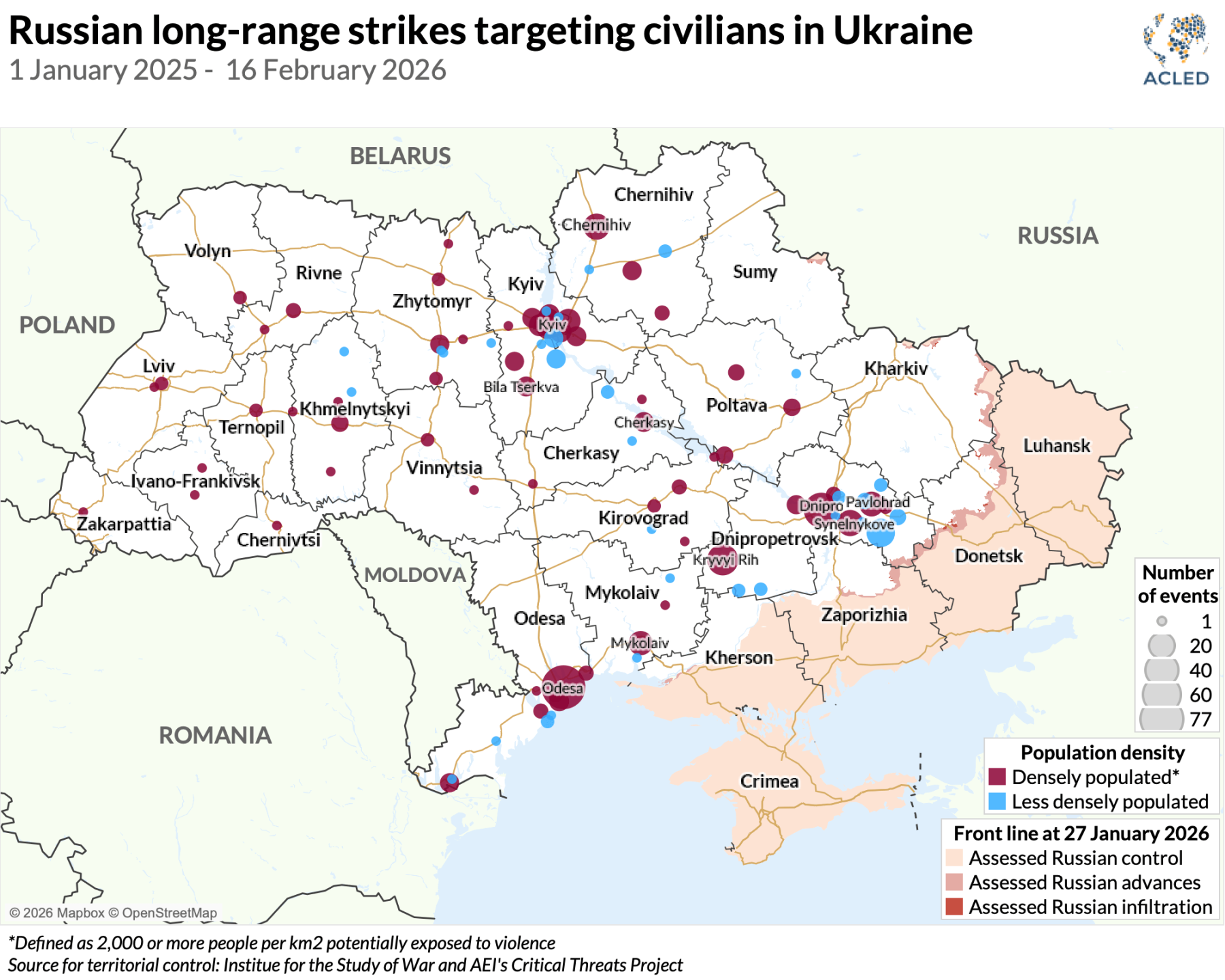 Map - Russian long-range strikes targeting civilians in Ukraine 1 January 2025 - 16 February 2026