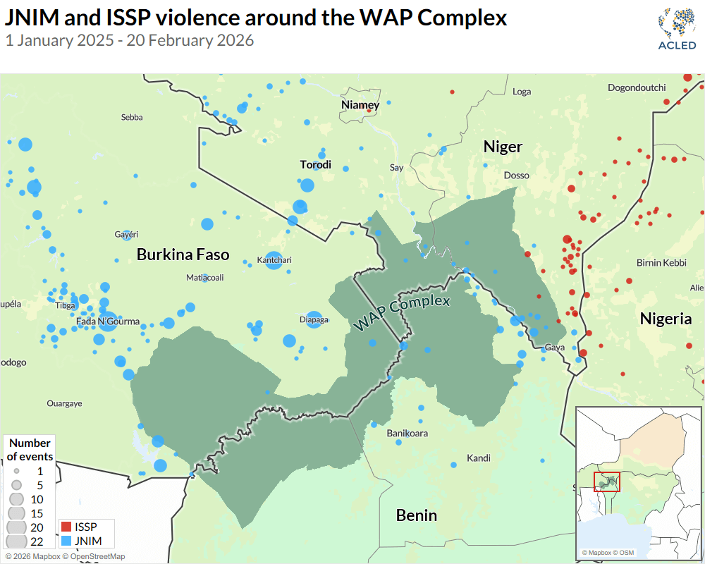 Map - JNIM and ISSP violence around the WAP Complex 1 January 2025 - 20 February 2026