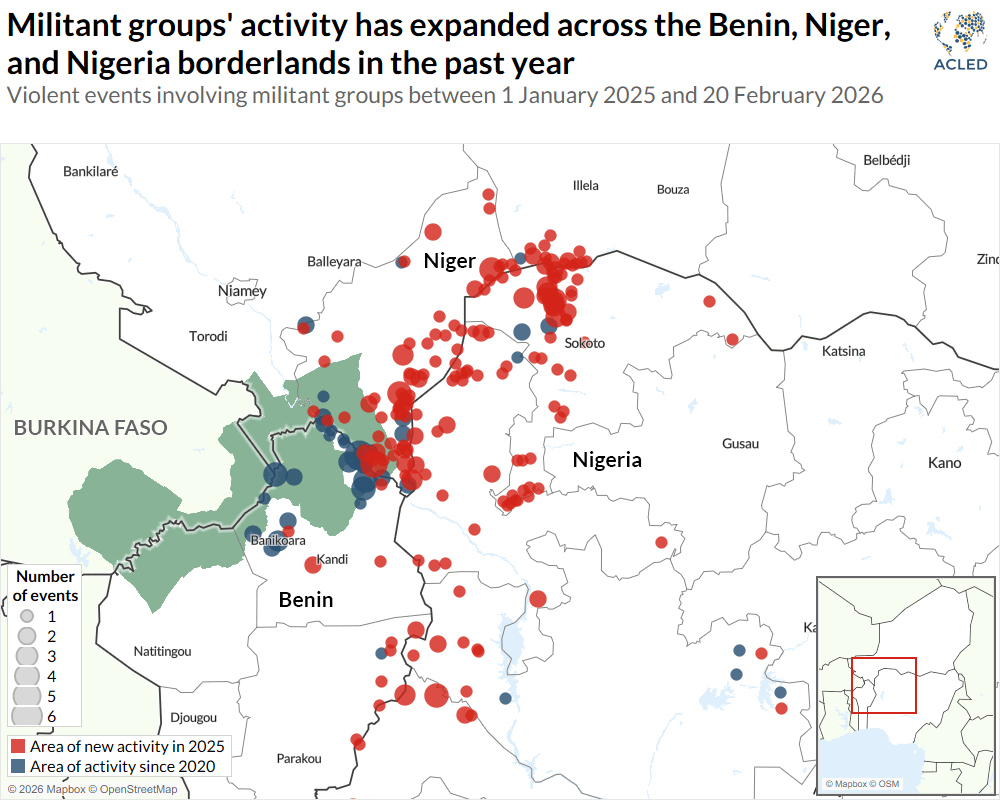 Map - Militant groups' activity has expanded across the Benin, Niger, and Nigeria borderlands in the past year Violent events involving militant groups between 1 January 2025 and 20 February 2026