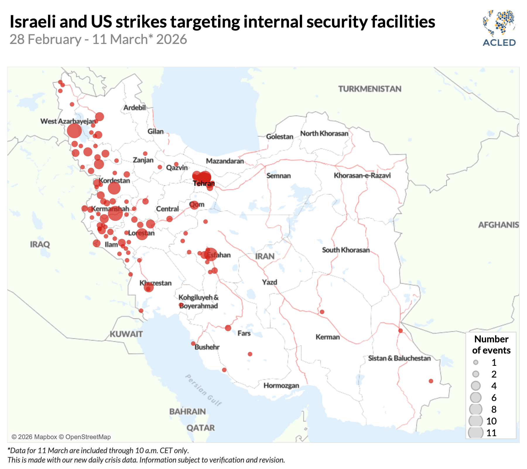 Map showing Israeli and US strikes targeting internal secutiry facilitites in Iran - 28 february - 11 march 2026