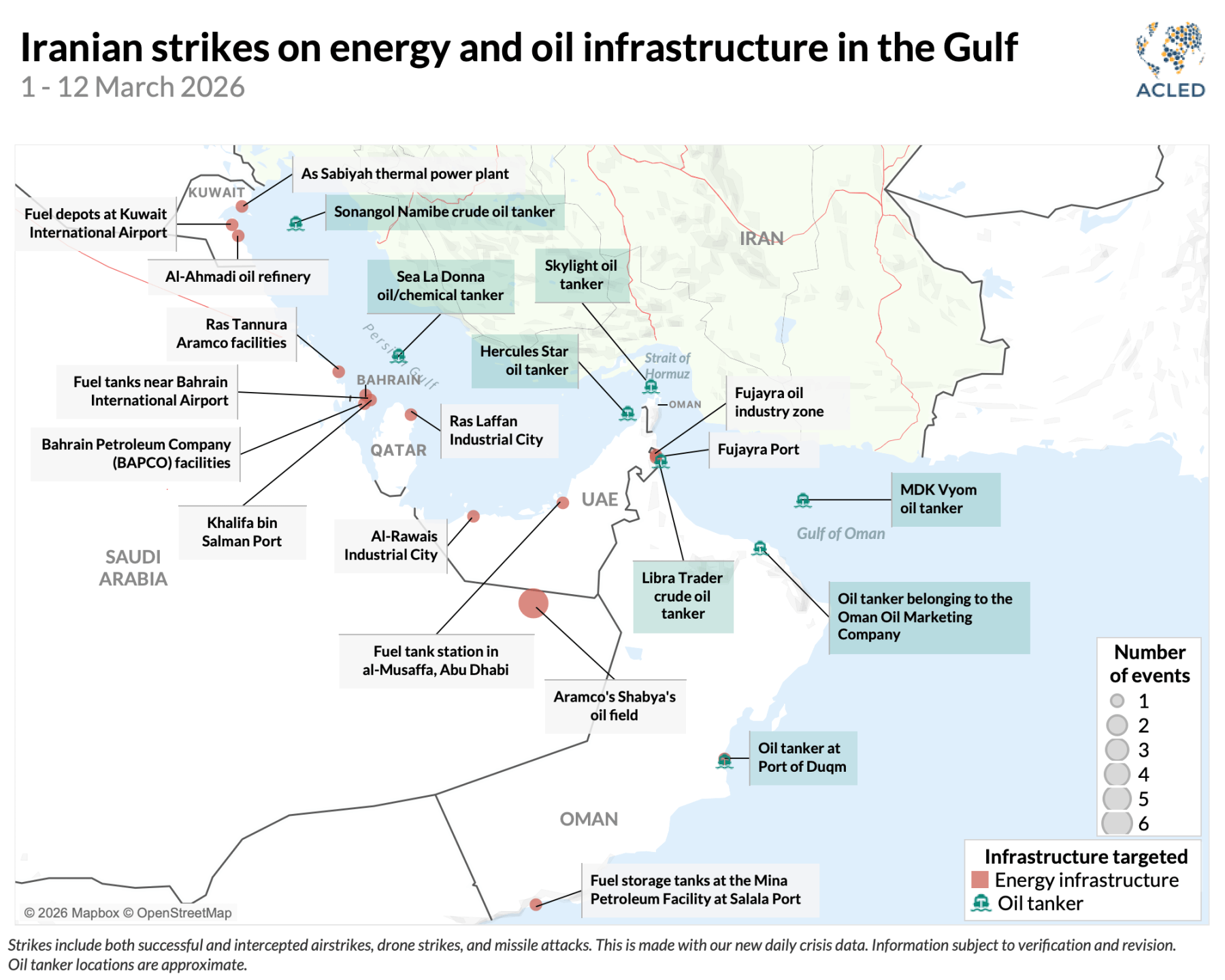 Map - Iranian strikes on energy and oil infrastructure in the Gulf 1 - 12 March 2026