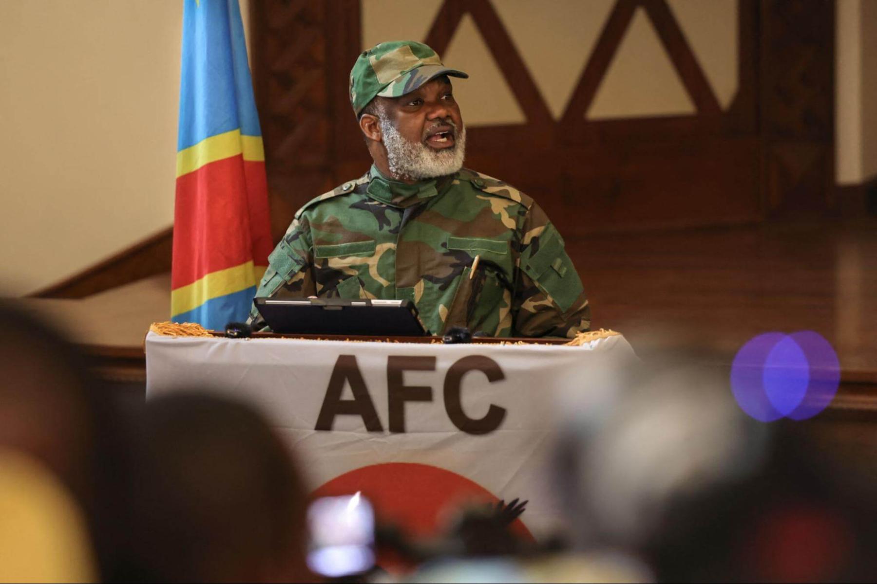 The leader of the AFC, Corneille Nangaa Yubeluo, speaks during a press conference in Goma on 30 January 2025.