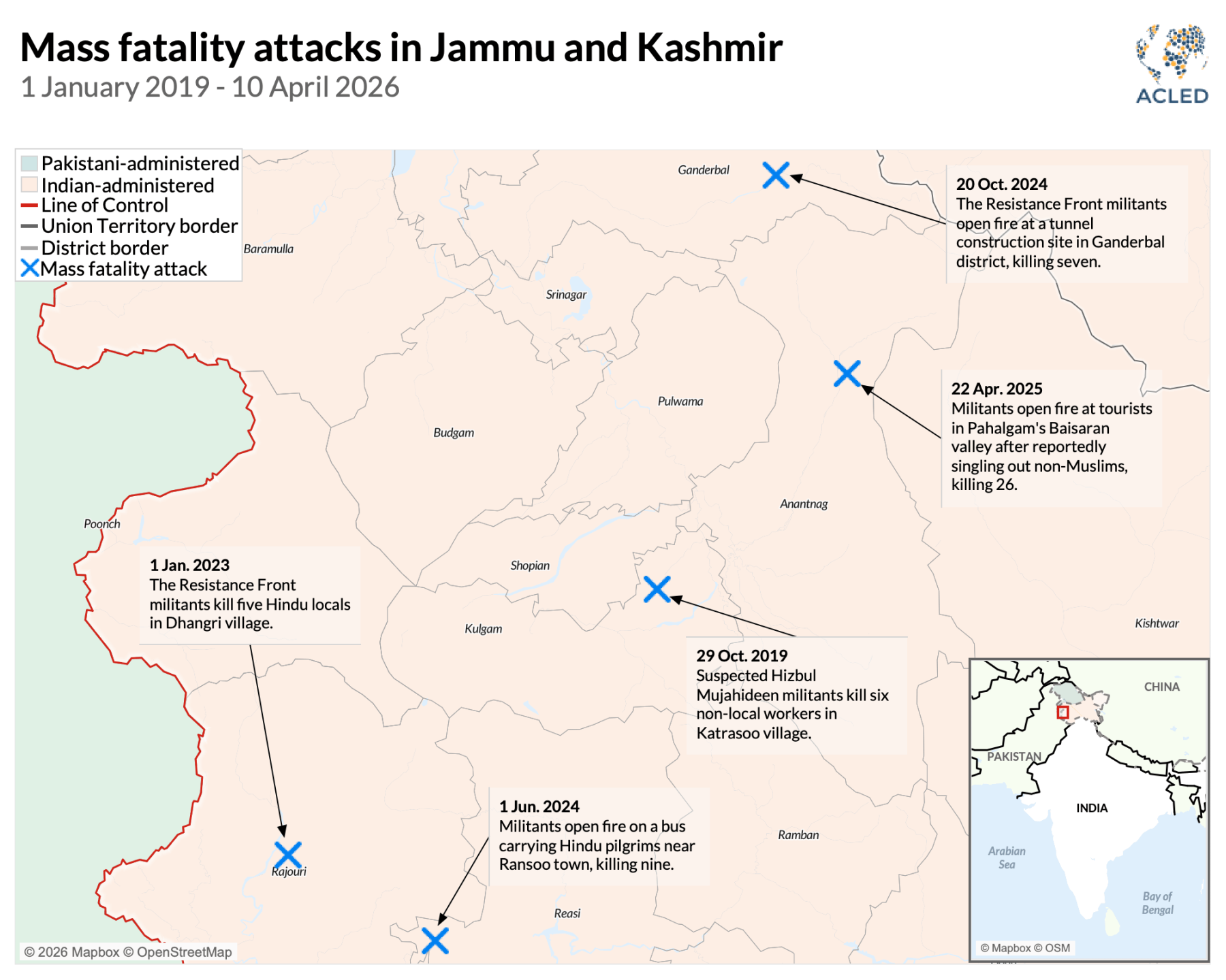 Map-Mass fatality attacks in Jammu and Kashmir 1 January 2019 - 10 April 2026