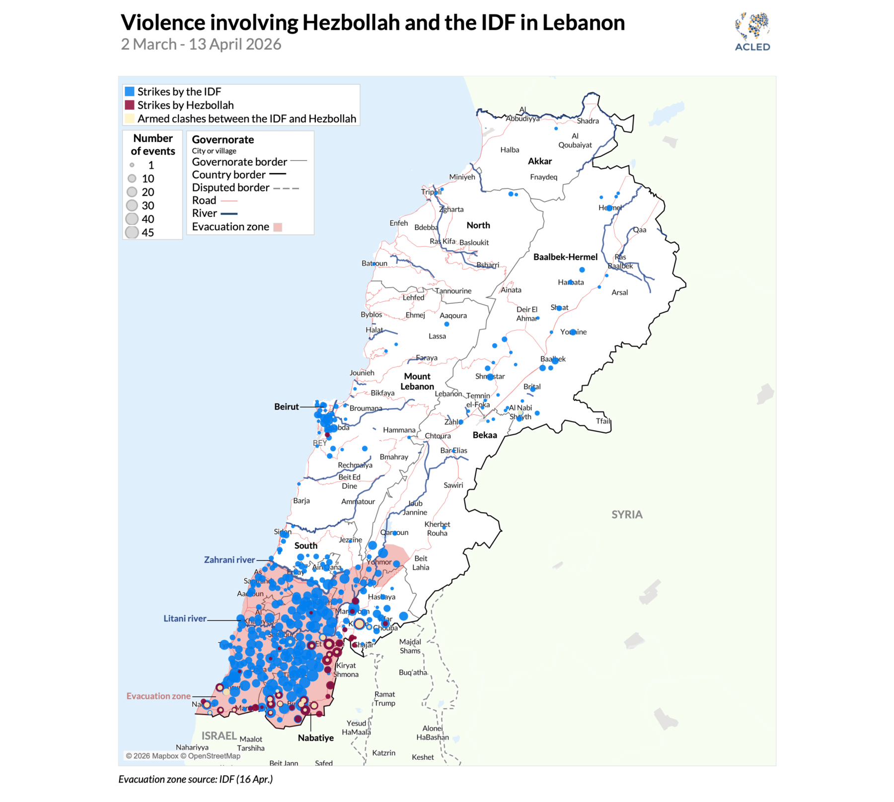 Map showing violent events involving HEzbollah and the IDF in Lebanon. 2 march-13 april 2026