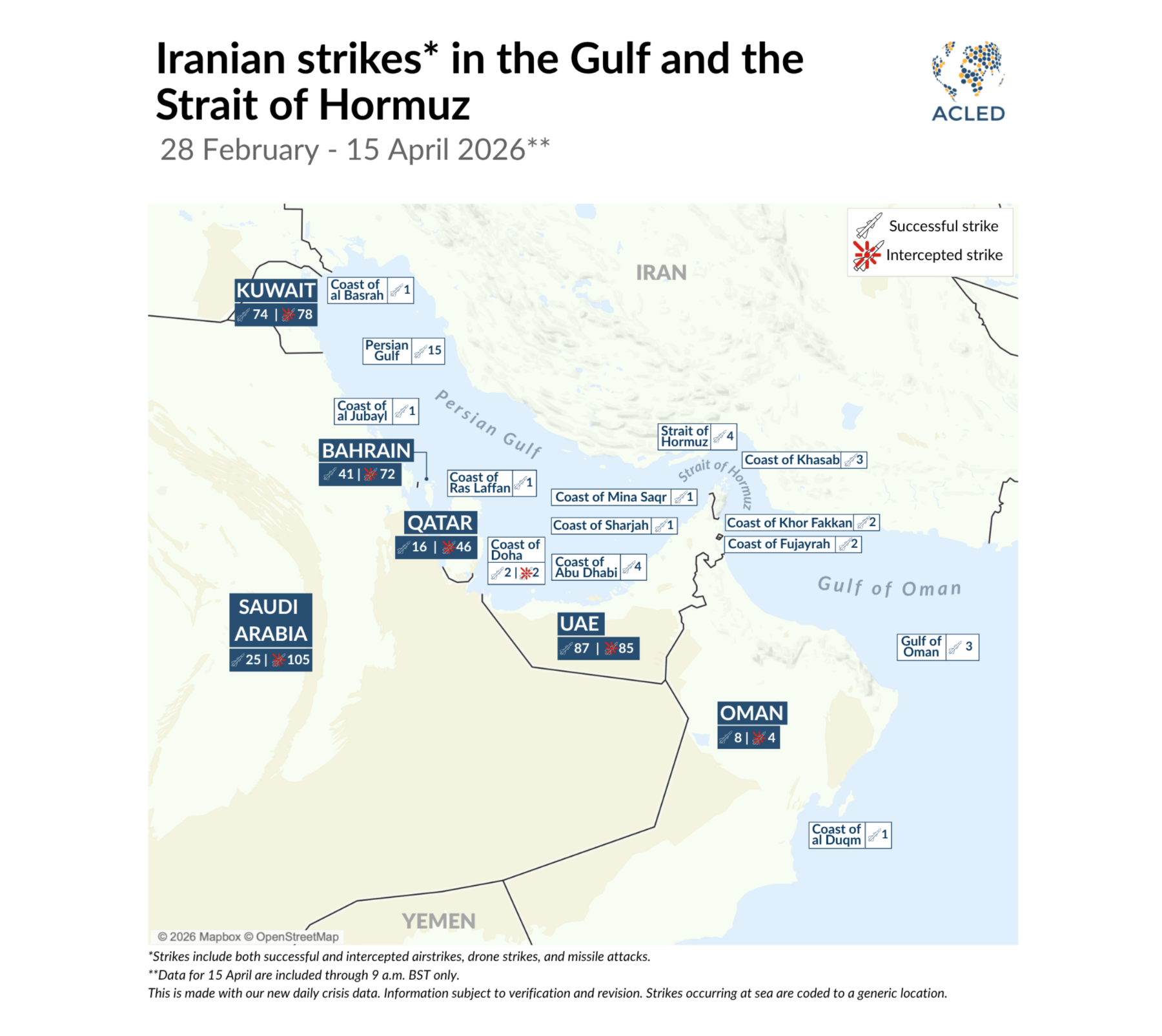 Map - Iranian strikes in the Gulf and the Strait of Hormuz 28 February - 15 April 2026