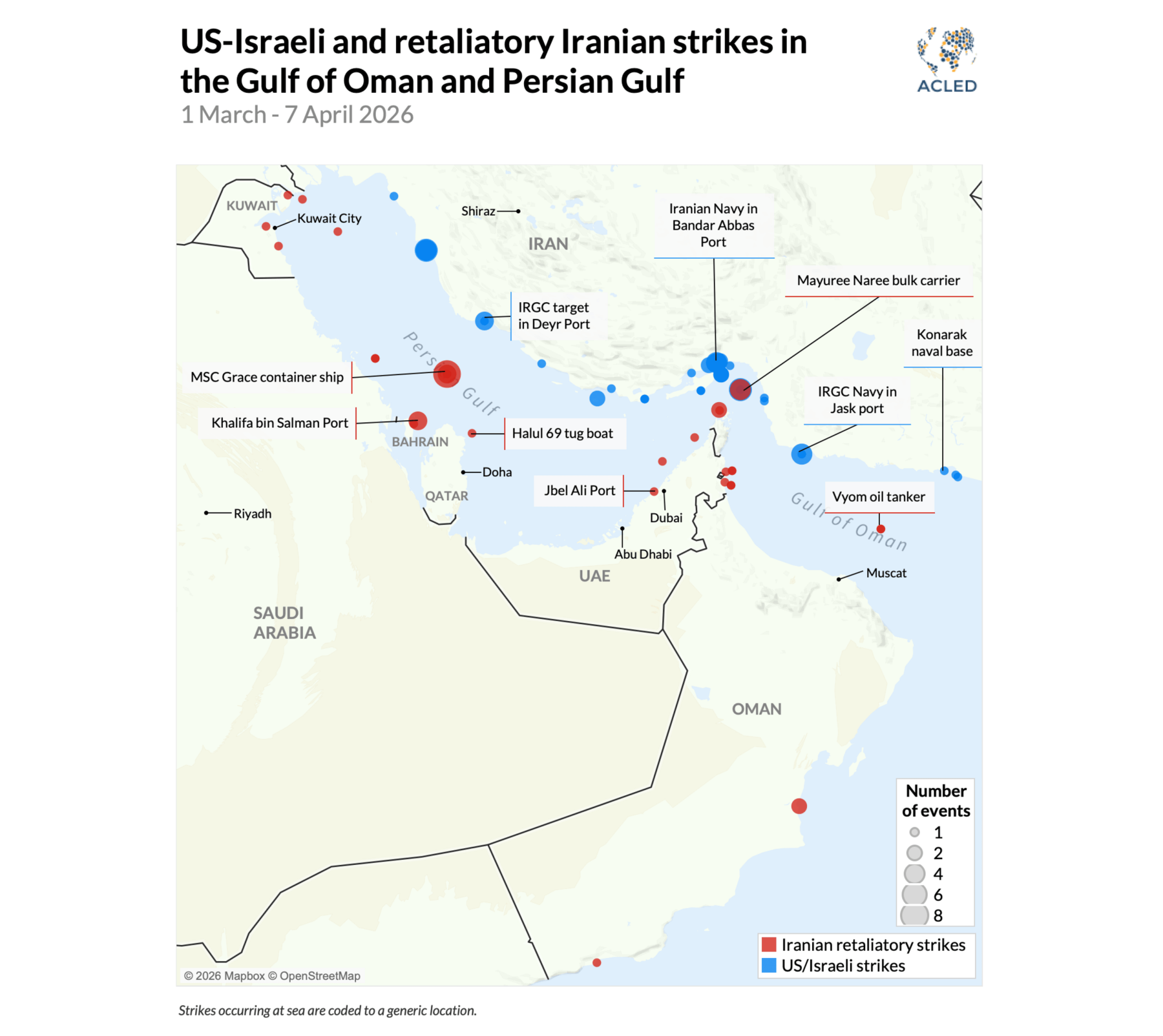 Map - US-Israeli and retaliatory Iranian strikes in the Gulf of Oman and Persian Gulf 1 March - 7 April 2026