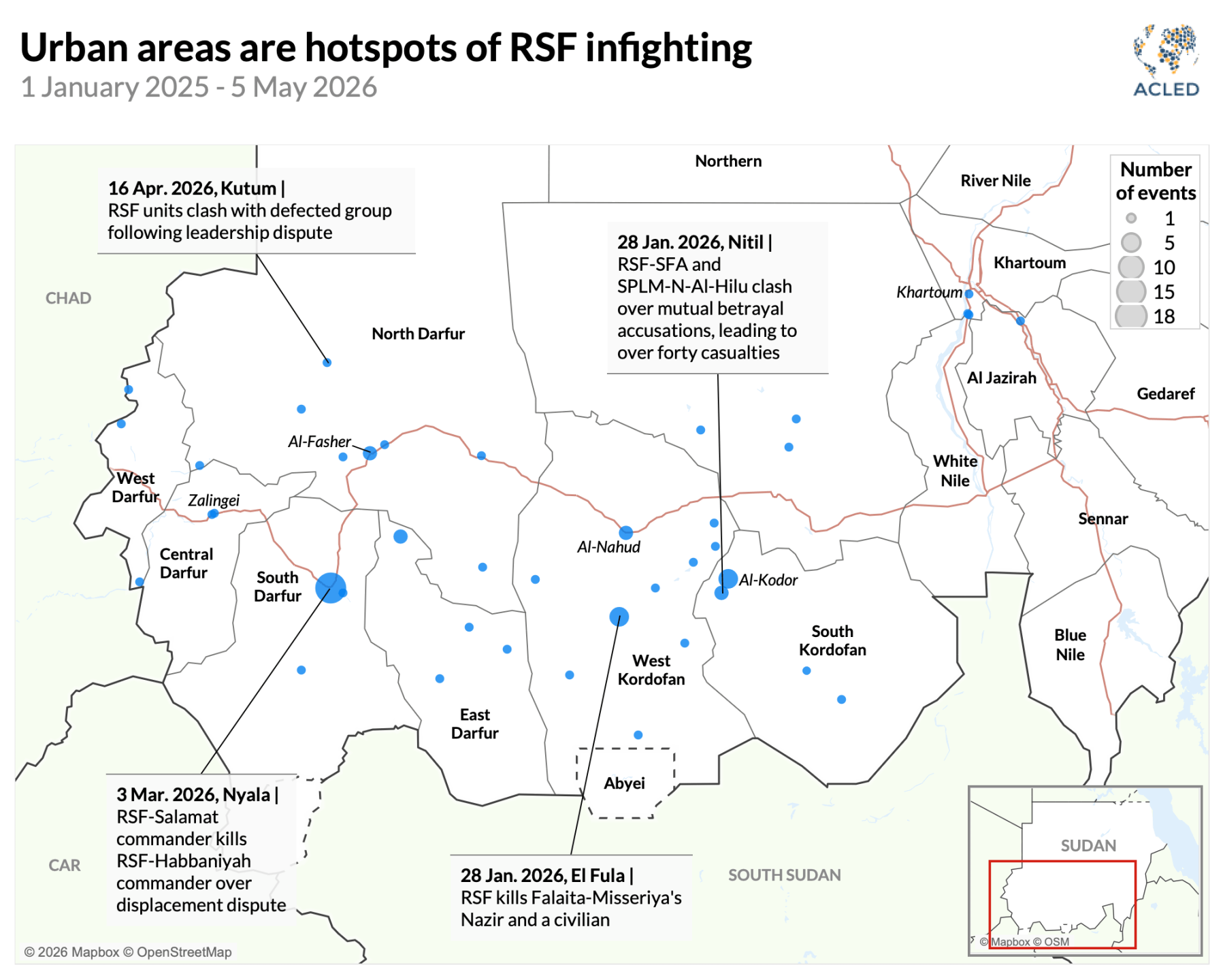Map showing urab areas as hotspots of RSF insighting in Suda - Jan 2025 to May 2026