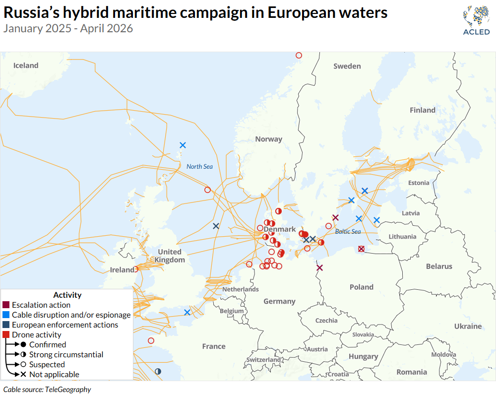 map showing events in russia's hybrid maritime campaign in european waters