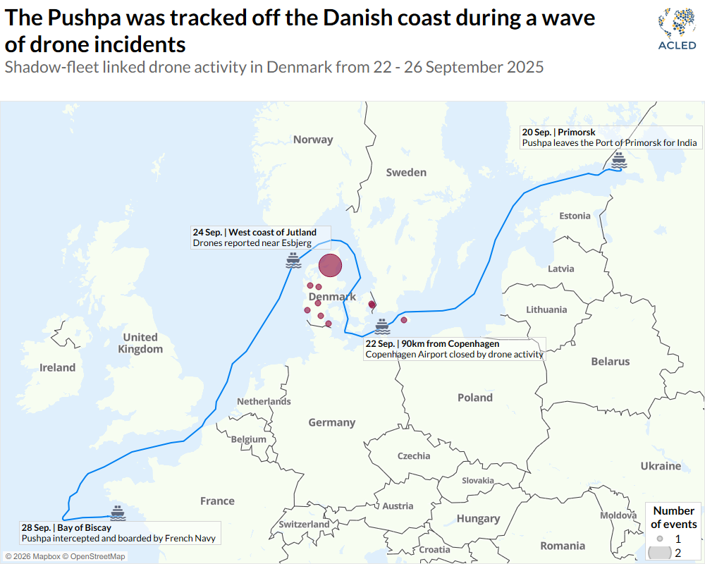 map showing tracking of the Pushpa off the Danish coast