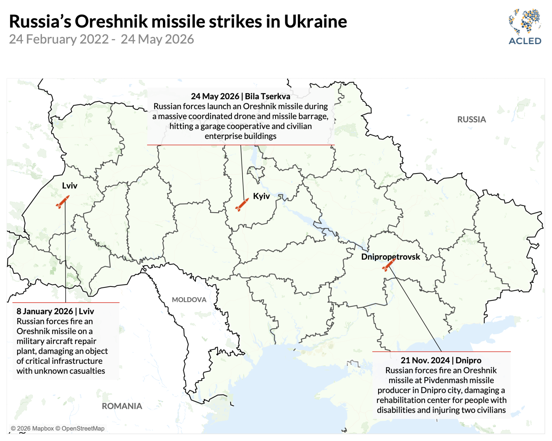 Map showing Russia's use of Oreshnik missile strike events in Ukraine since Feb. 2022