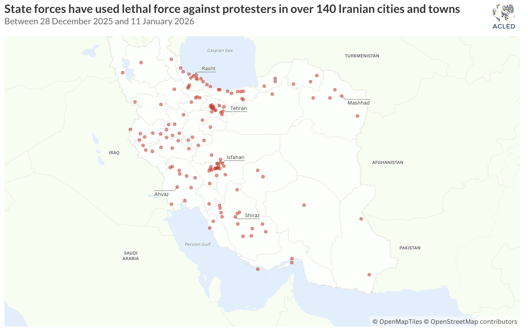 A map showing state forces in Iran using lethal force against protestors Dec 25 - Jan 26