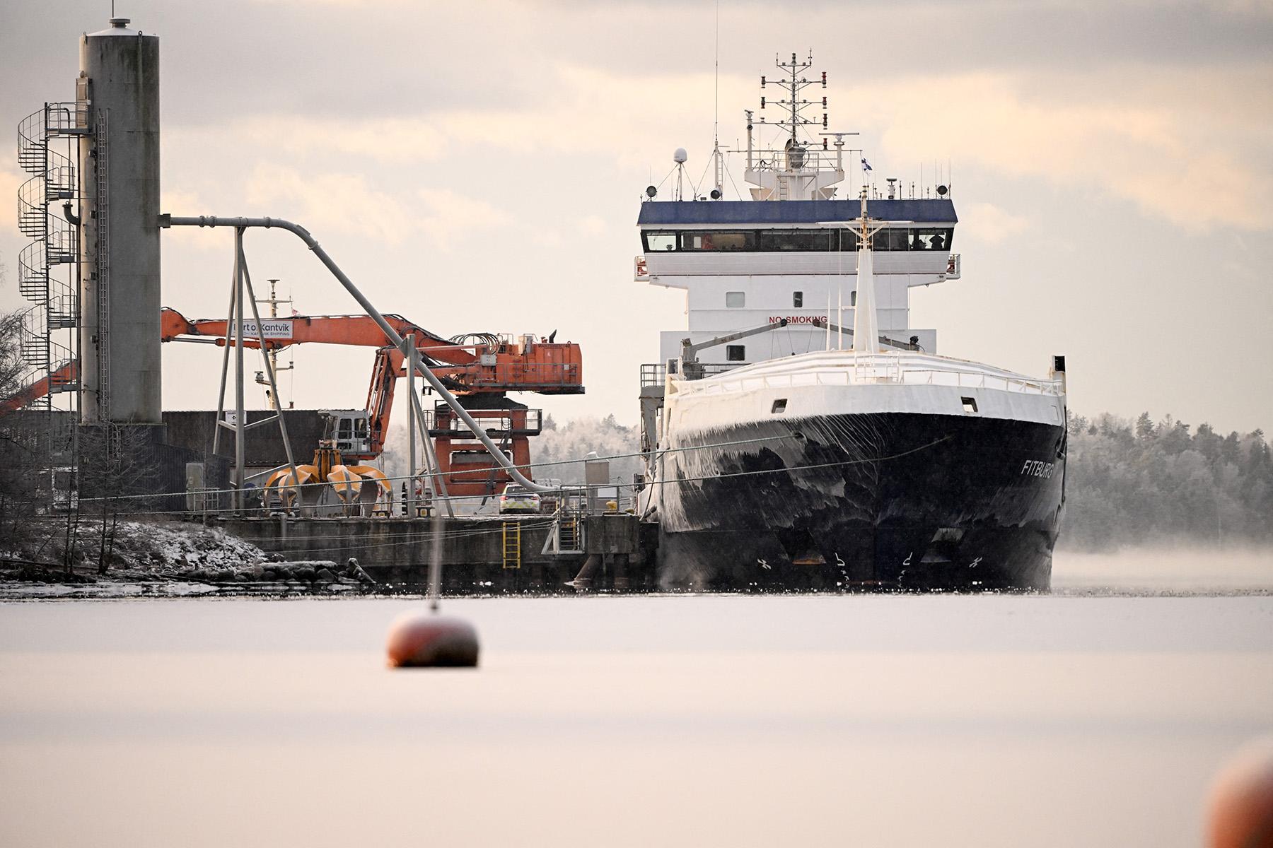 The moored Firburg vessel in the harbor in Kirkkonummi, Finland, on 1 January 2026, after being seized by Finnish special forces. Photo by Roni Rekomaa / Lehtikuva / AFP via Getty Images