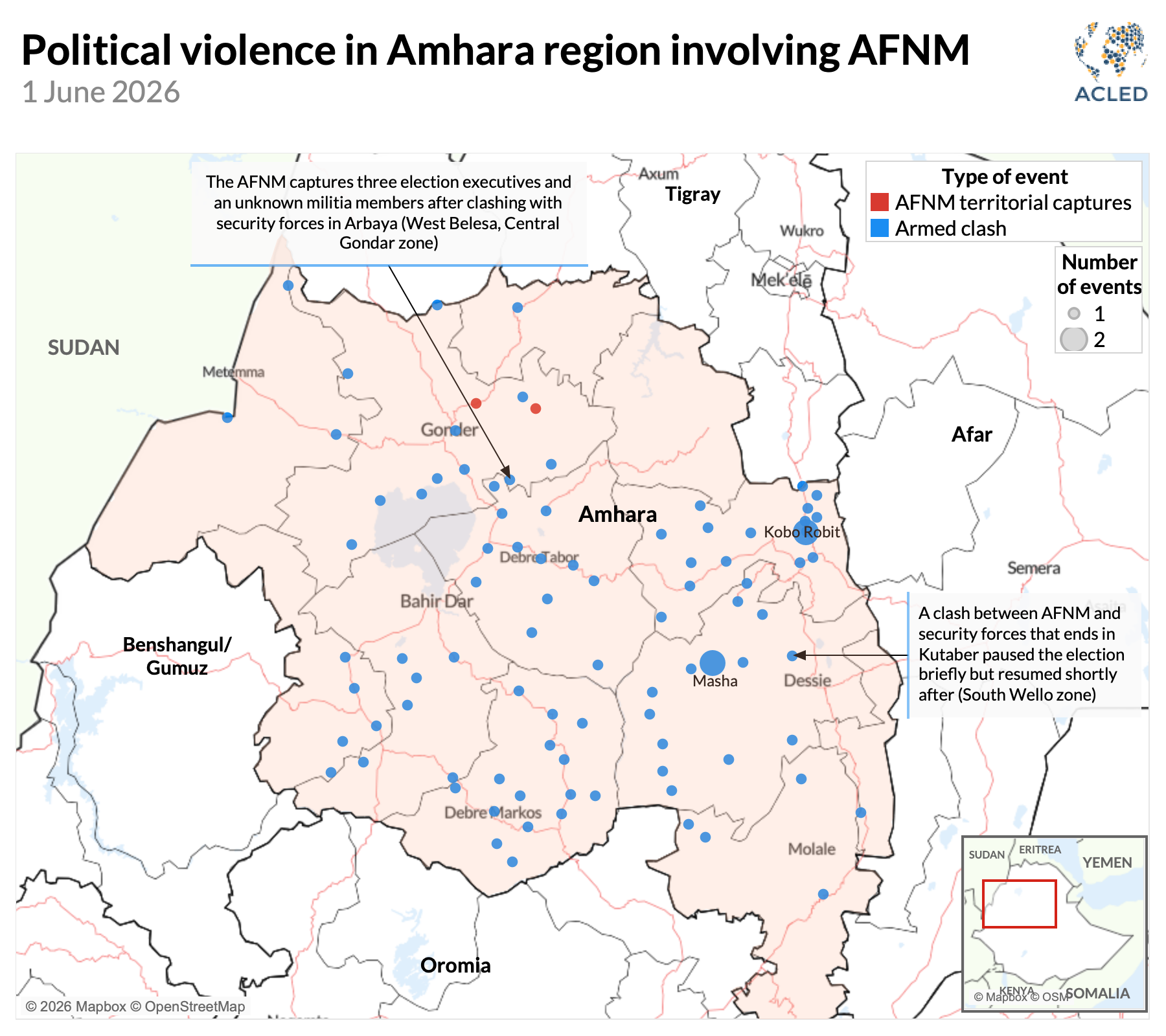 Map of political violence in Amhara region involving AFNM