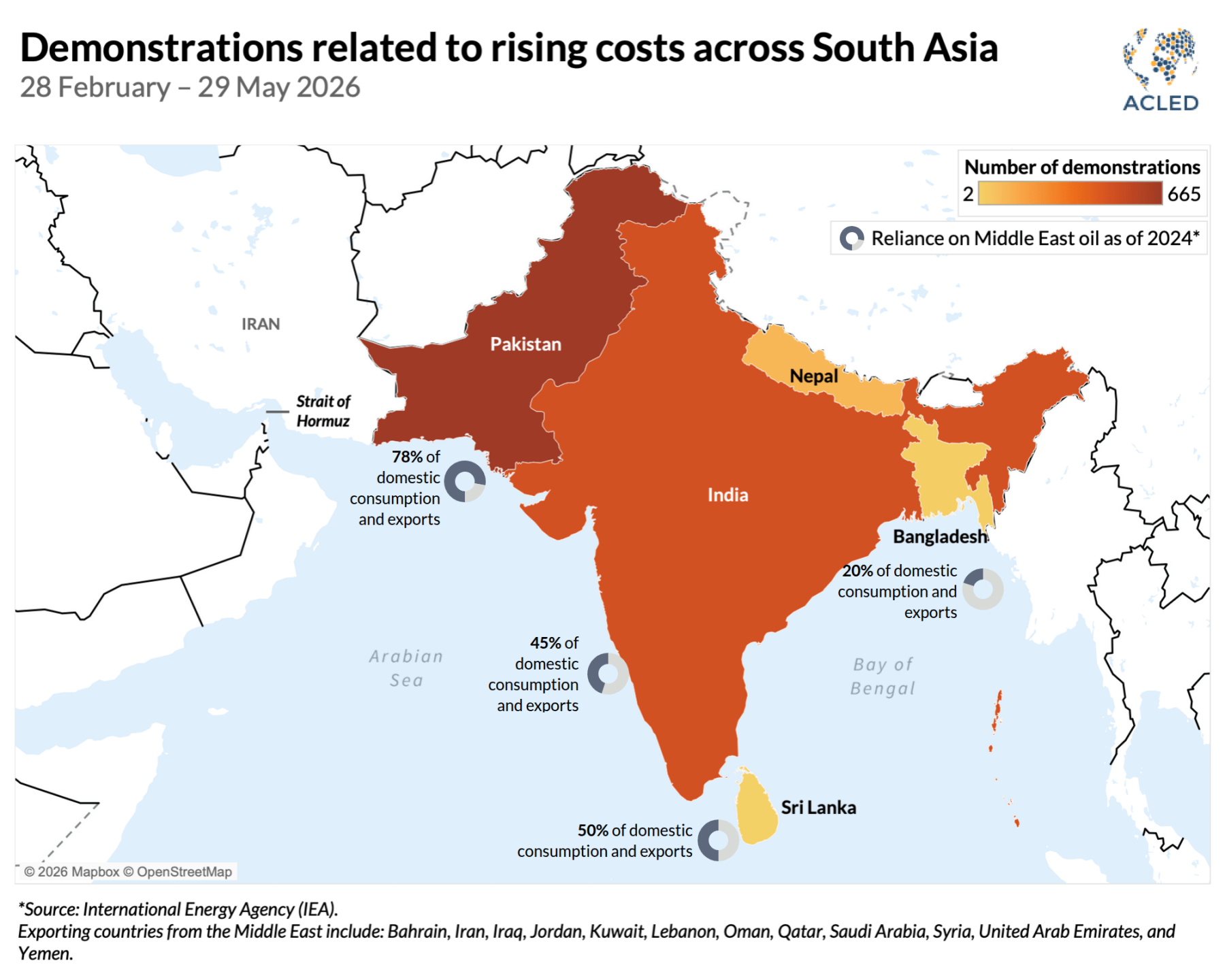 Map - Demonstrations related to rising costs across South Asia 28 February - 29 May 2026