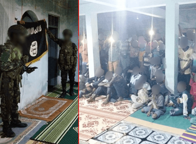 A graphic featuring images of ISM insurgents preaching at a Moc&iacute;mboa da Praia mosque, published in the Islamic State&rsquo;s al-Naba newsletter on 9 October 2025. 