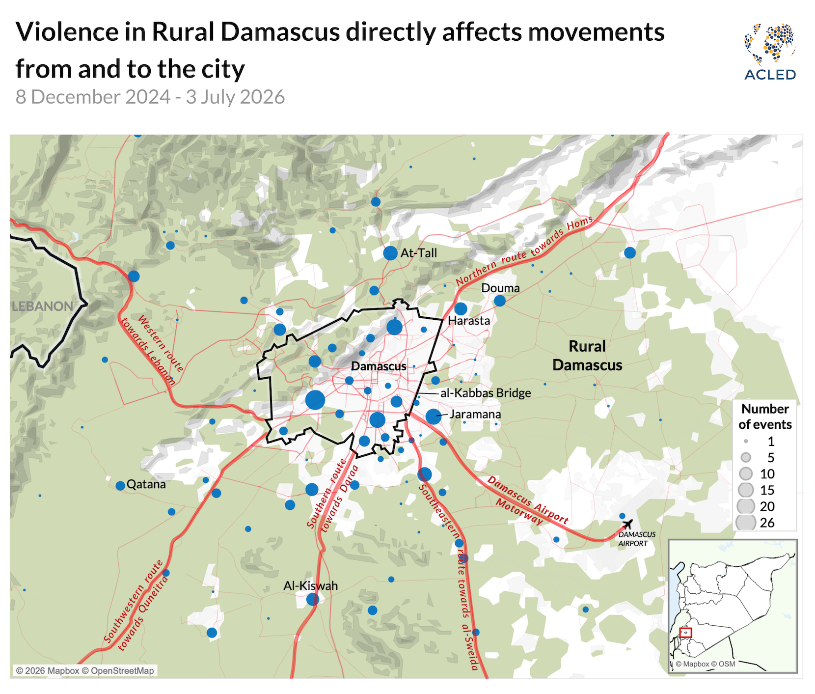 Map showing violent events in rural Damascus, December 2024-July2026
