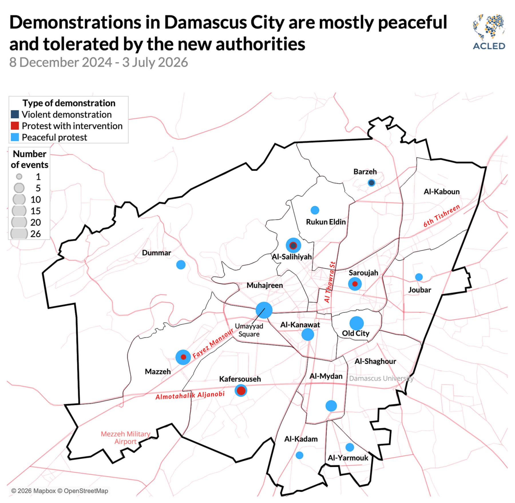 Map - Demonstrations in Damascus City are mostly peaceful and tolerated by the new authorities 8 December 2024 - 3 July 2026