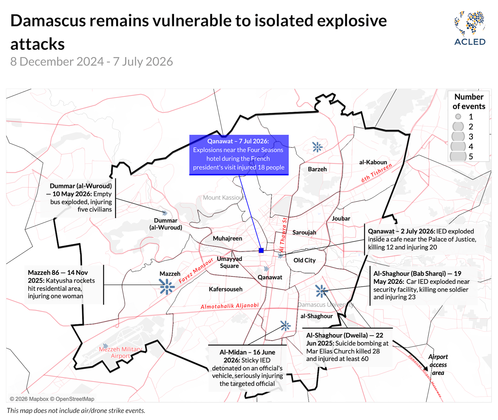 Map showing explosive incidents in Damascus, December 2024-July 2026