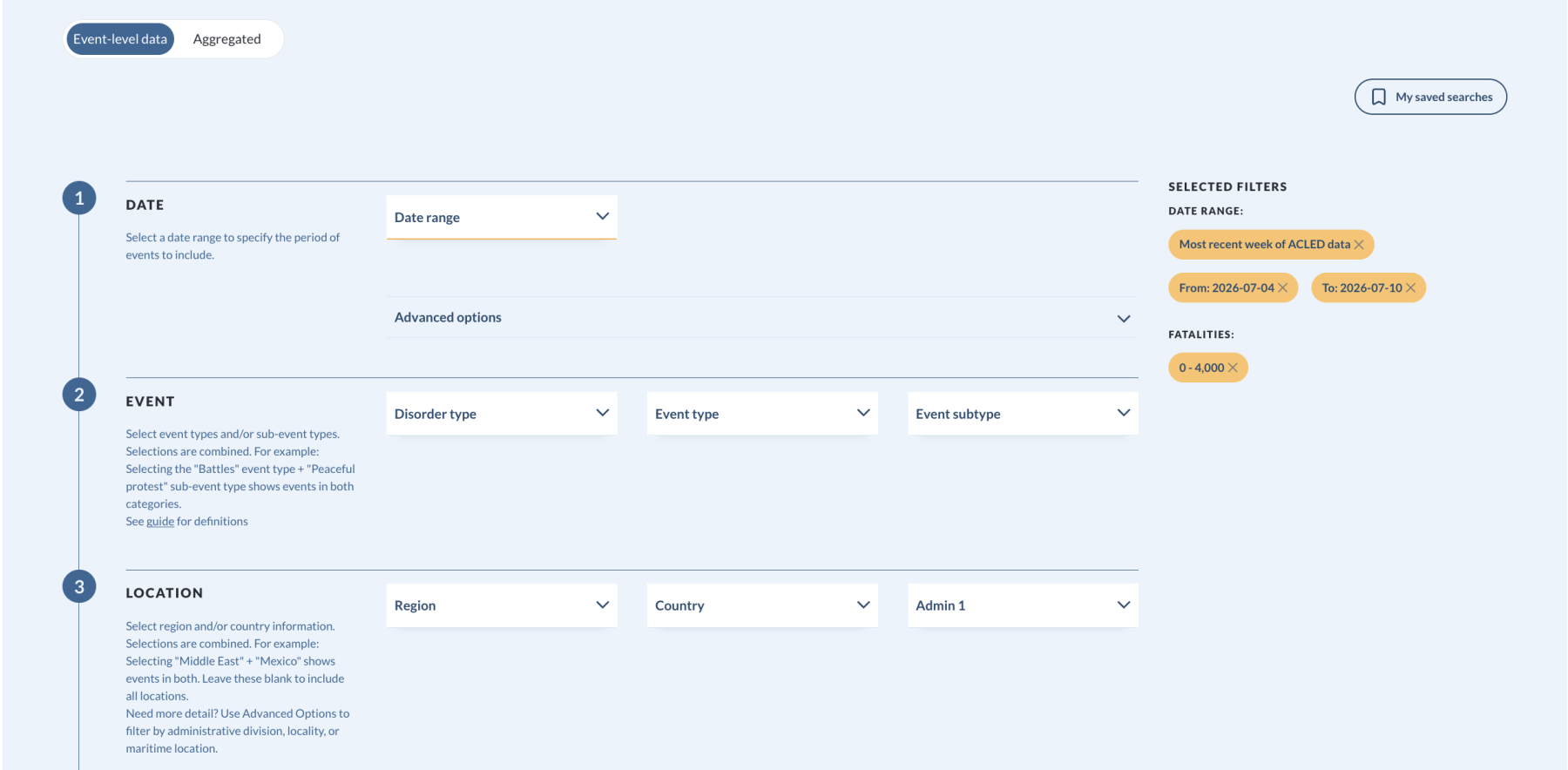 Snapshot of ACLED's Data Export Tool filters