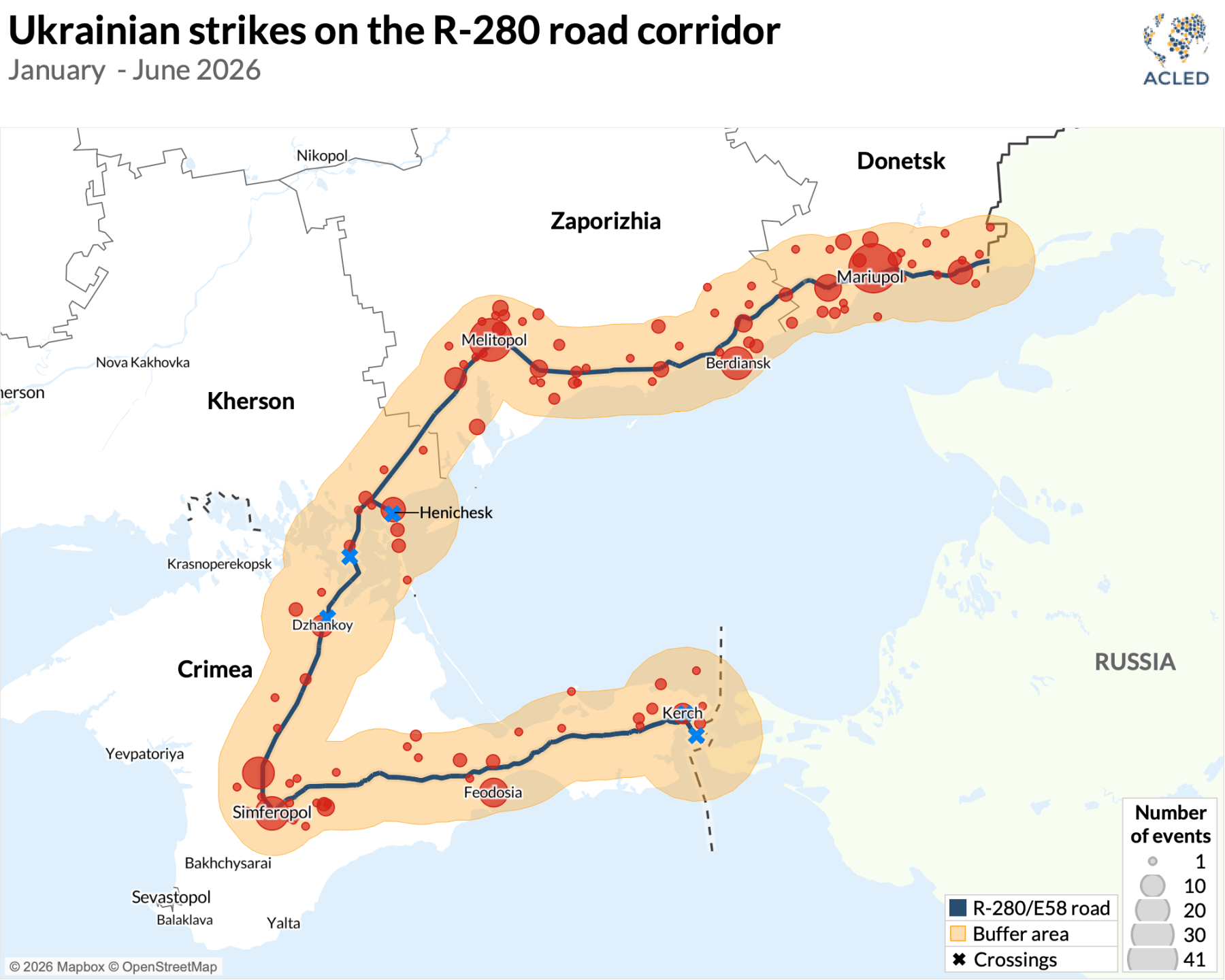 Map - Ukrainian strikes on the R-280 road corridor January - June 2026