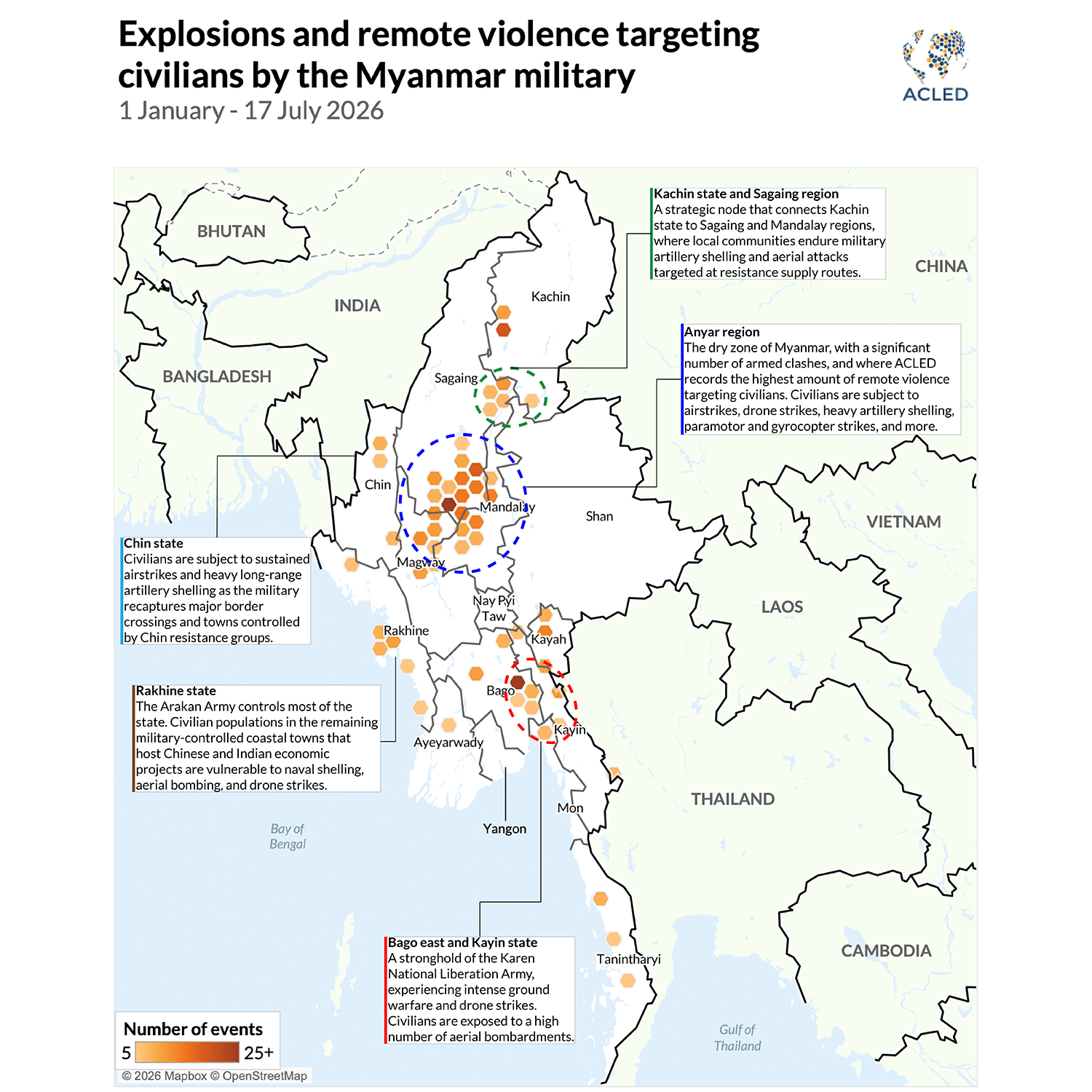 Map - Explosions and remote violence targeting civilians by the Myanmar military 1 January - 17 July 2026