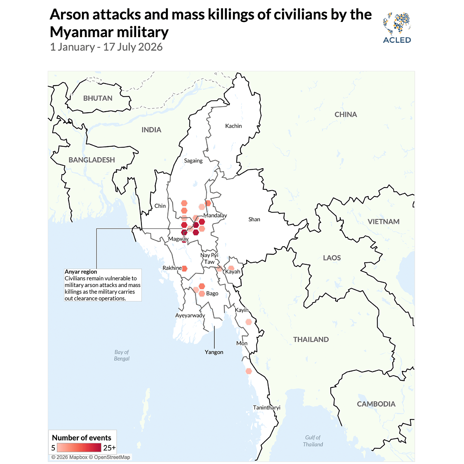 Map - Arson attacks and mass killings of civilians by the Myanmar military 1 January - 17 July 2026